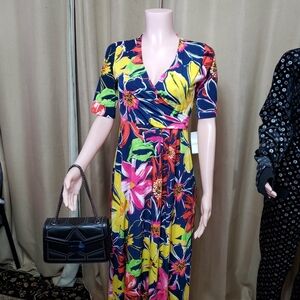 Floral Wrap Dress with Black Handbag